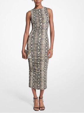 Michael Kors Snake Print Stretch Jersey Ruched MIDI Dress Large NWOT Sleeveless